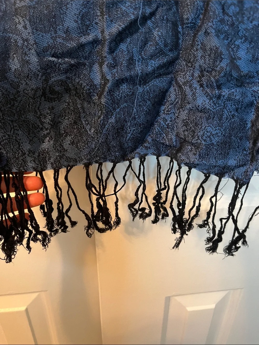 Blue Paisley Viscose Long Scarf With Fringe
